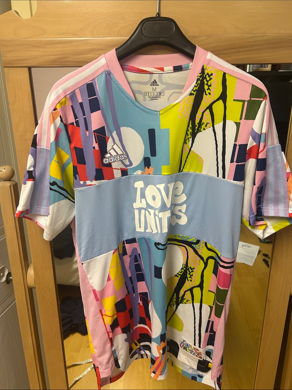 adidas men’s Multicolor 'Love Units' Graphic Jersey - Pink, Blue, Yellow